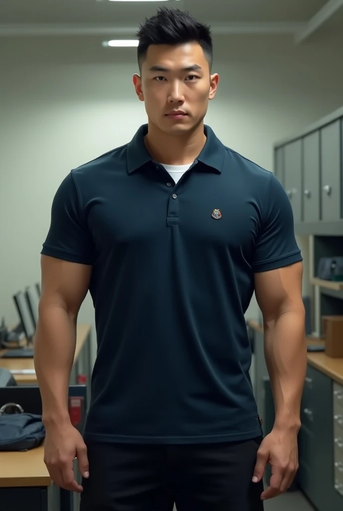  realistic image of a Korean handsome young man, Crewcut haircut ,  Big muscled, tall white bodybuilder wearing navy polo shirt with white bra , In the police office 