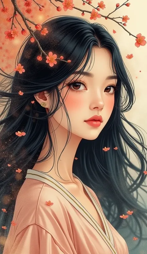 Create an illustration that embodies the essence of a captivating moment featuring, She has flowing long black hair that cascades elegantly, and her deep, charming eyes draw the viewer in. The artwork should blend elements of American comic style with trad...