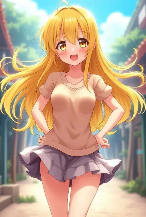 Joyful anime girl with long yellow hair in a mini skirt