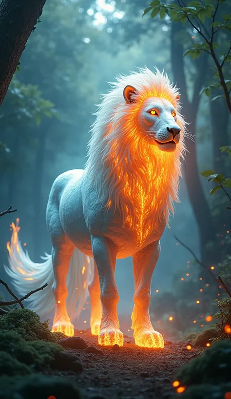  an ice horse half fused with a fire lion in a forest