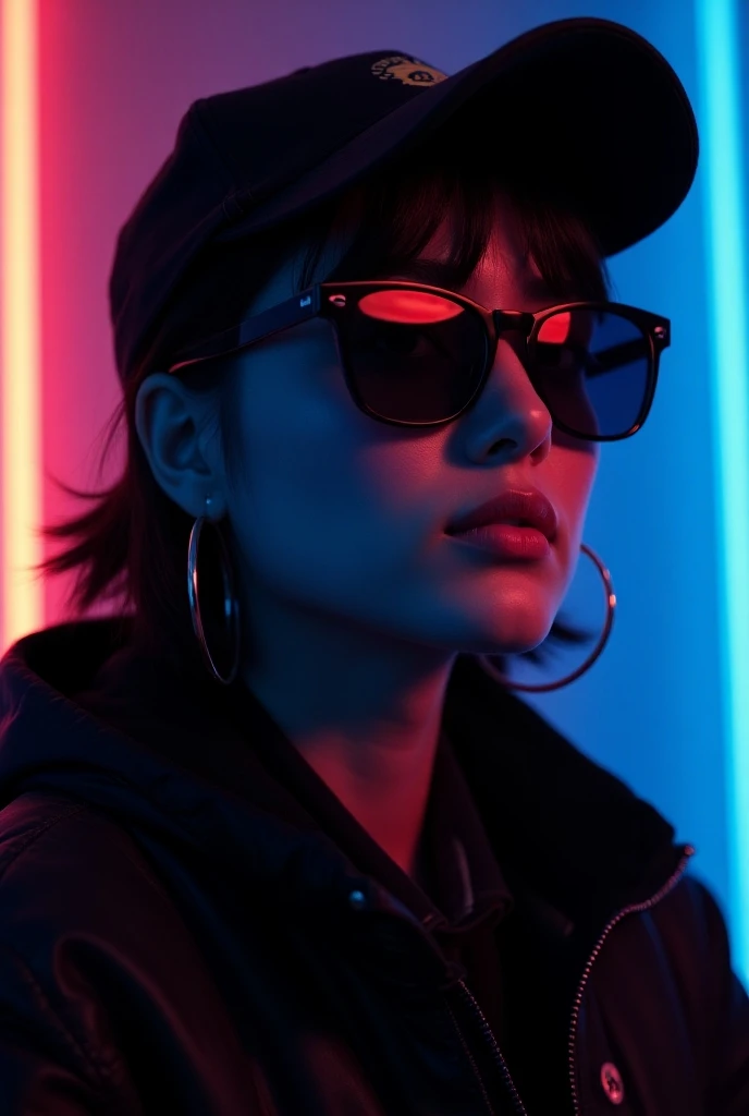 plano cercano del rostro, Alternative girl,  looking over black sunglasses , jacket, collar,  neon light reflections on the skin , earring, make-up,  imperfections in the skin ,  short hair , cap, neon light background , low light,  Depth of field ,  highl...