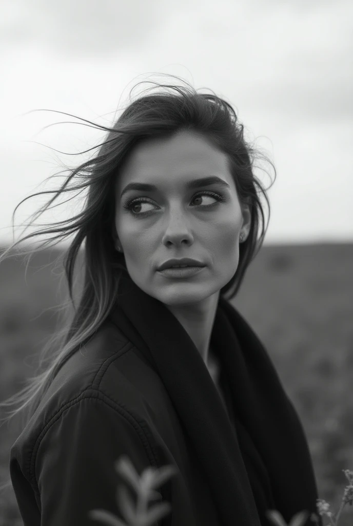 Black and white photo of a woman looking at the horizon , reflecting .
