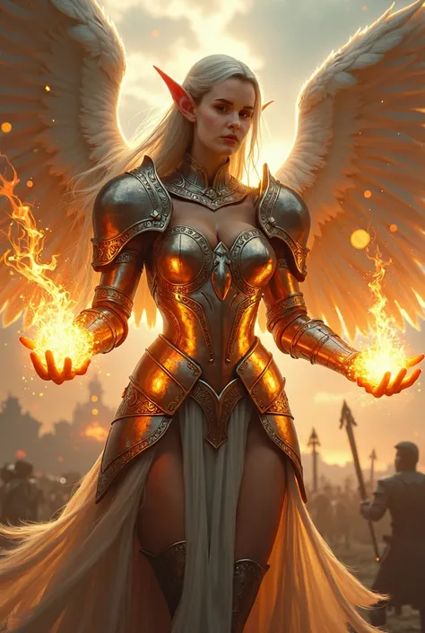 Angelic female elf in heavy plate armor casting a fireball, big_tits, giant breasts, 