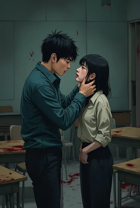 a Korean-looking male student, smiling cynically, holding the face of a Korean-looking female student, frightened facial expression, position facing each other, messy classroom background, somewhat gloomy atmosphere, male students clothes have bloodstains,...