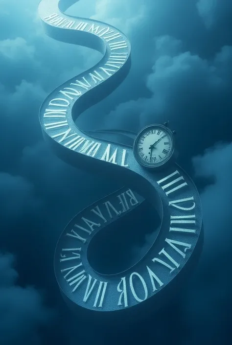 A spiral seen from top with roman numbers like on a clock which are glowing written on the spiral  and the spiral is going from close to far with a blue cloudy lighting, and at the furthest point of the spiral theres a clock
