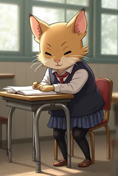 school, detention_room, school_uniform, legwears, cat boy (macro, giant, cub, cute, midget, pupil, anthro furry, midget, chubby, femboy, girly, twink face), small penis/balls, shrunken_mouse (small, tiny, teacher, adult, anthro, furry), masturbation, pupil...