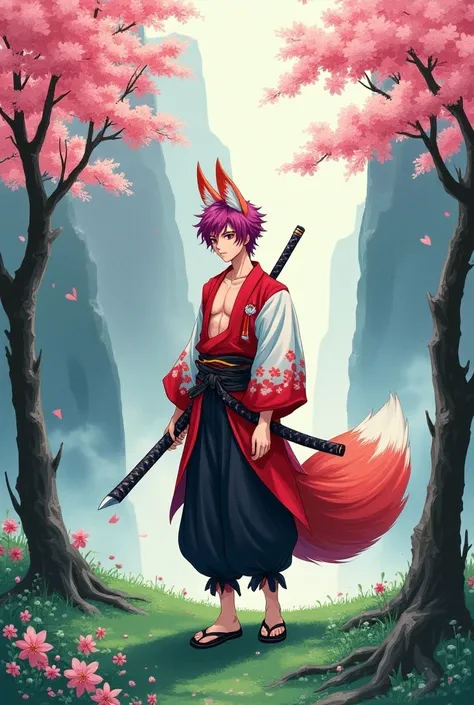 , fine brush paint painting drops of paint in frame ,  stealth ruba young Japanese man bright mauve emo hair wearing fox animal ear headdress wearing red white kimono ,  carrying sharp shining katana sword displaying muscular open chest , The man has 9 lon...