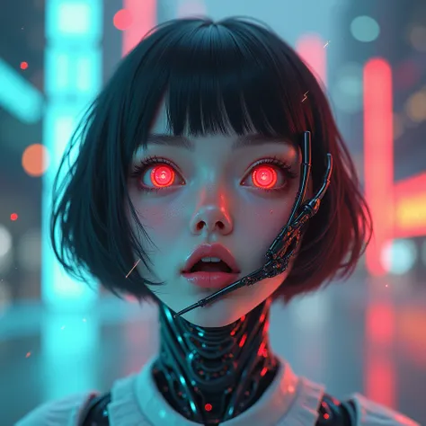 Futurestic girl, one side of face of robotic, passport size photo, background of AI generation,1girl,Blush, Open Mouth, Red Eyes from human face and Short Hair, Sparkle, 