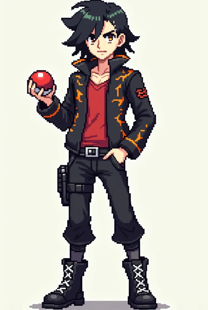  create a full-body pixel-art of a masculine-looking character , young adult,  in the style of the game :  Pokemon Black and White following the following instructions . Make a man look like an adult. Make  ele tenha pele clara.  Make the character with th...