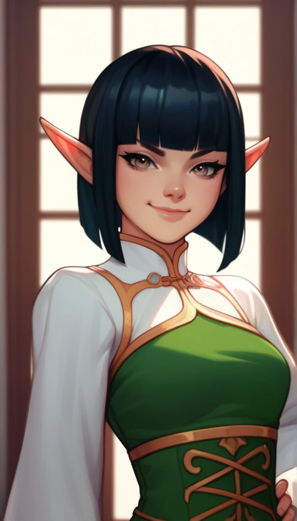 score_9_presence, score_8_up, score_7_up, 1female elf, narrow eyes, Asian eyes, hime cut, short hair, black hair, scowl, smug smile, medium chest, wide upper body, thick hip, hand on hip