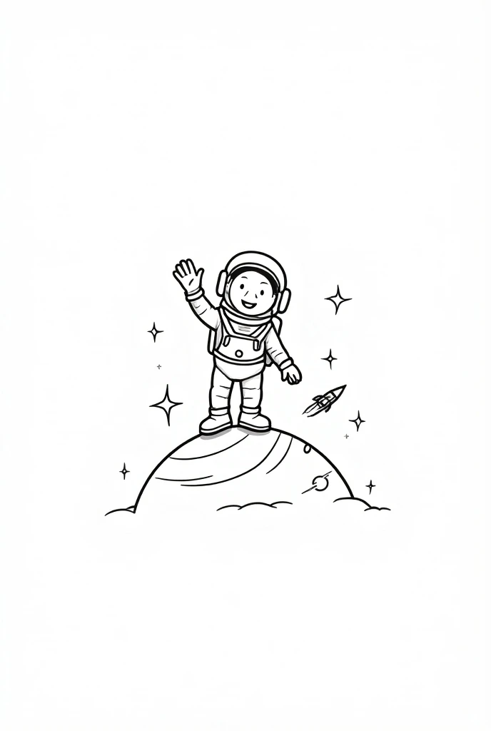 "A simple, line-drawn illustration of a  astronaut waving from the top of a small planet with rings. The design is intended as a coloring page, with clear black outlines on a blank white background, showing a happy  in a spacesuit with a waving hand, stand...