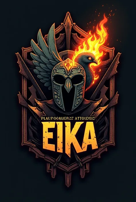 Army logo with a pigeon and a spartan helmet with letters "EIKA" on fire
And under "Plastronner et attendre"
Crossbow on the background
Make it look like more an army patch