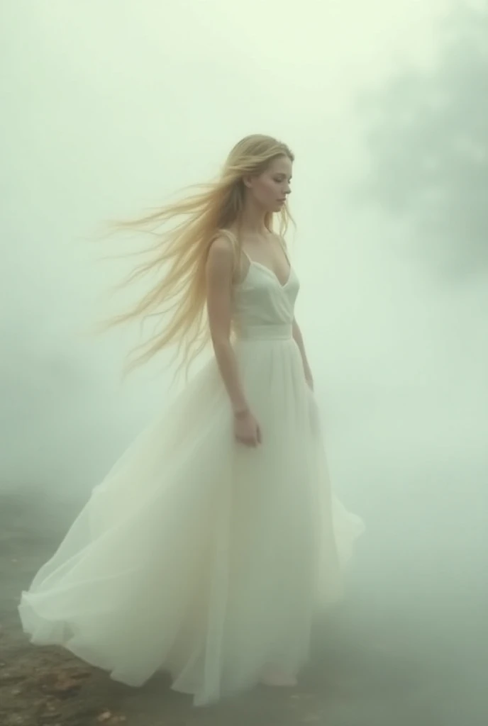 A woman in a white dress walking in a foggy place 