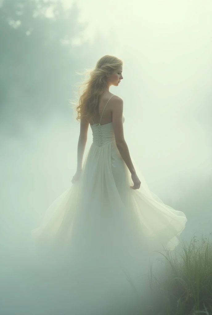 A woman in a white dress walking in a foggy place 