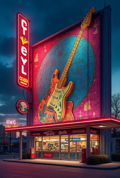 An extremely large and flamboyant diagram of an 80s-themed gas station with a guitar on the facade