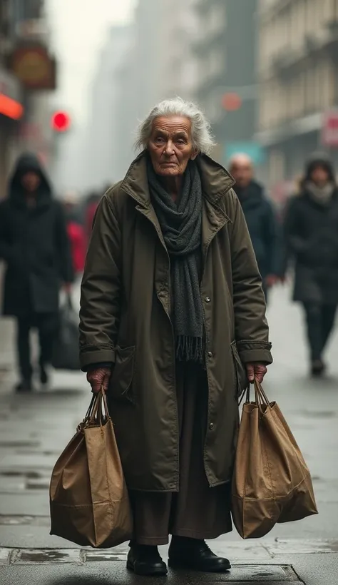 An old woman with some bags waiting in the blurry street. 