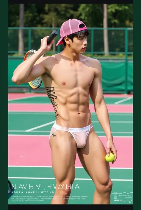 1 teenage guy,Korean cute boy slim skinny thin body, shirtless wearing transparent light brown bikini underwear standing in tennis court 