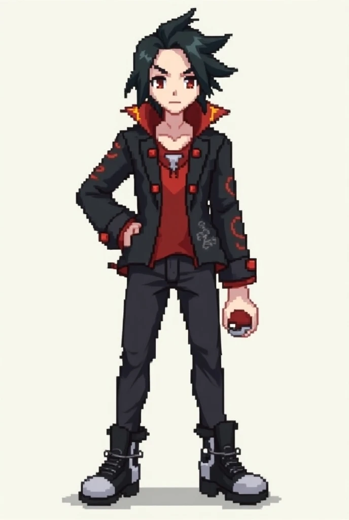  create a full-body pixel-art of a masculine-looking character , young adult,  in the style of the game :  Pokemon Black and White following the following instructions . Make a man look like an adult. Make  ele tenha pele clara.  Make the character with th...