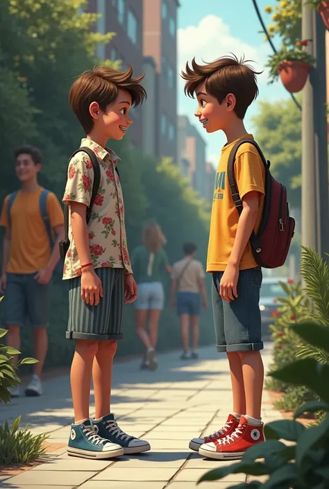 A 15-year-old boy wearing Mullet , floral shirt, gray striped denim shorts and braces .  A man approaches him and asks if he really needs those sneakers. realistic