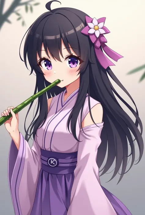 She is a cute and cute anime dressed like Nizukwa Chan from the Demon Slayer anime. She has purple white eyes, long black hair and bad hair in front of her. She wears the costume of Nyoko Chan from the anime Hitman Tay Ba, purple and pale pink, and has a v...