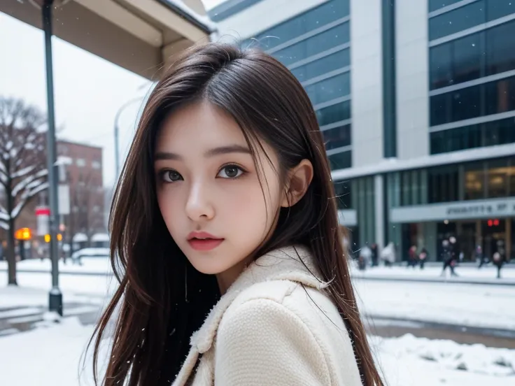 ( Details), ( masterpiece), (Realistic), (4K quality), ( skin with a texture so realistic that you can see her pores), (A 24-year-old very beautiful Japanese woman ), (tight pea coat, micro pencil skirt, boots, white breath, big eyes, trout pout, squared f...