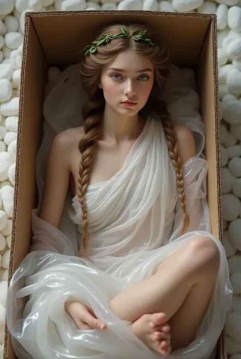 Imagine a beautiful adult greek woman with soft brown hair with braids, Beautiful and realistic face, in classic costume of antique citizen athenian, to show his feet, cold look, blue eyes, (White skin), with olive crown on her head, sitting inside a cardb...