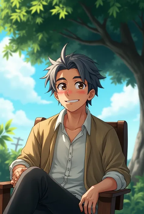 A Accurate Male Old Age Anime Character With Mixed Black And White colour hair and with brown colour eyes and with a smile sitting on a chair under a tree 