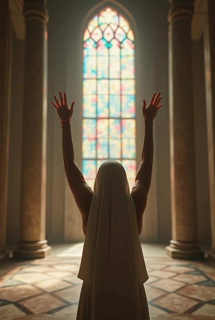 ((Complete details, maximum contrast ,realistically)) inside the grand marble mosque church. ,
((Malay girl ,Age 18 years, covering her head with white prayer cloth , Raise your hand, carrying both hands 2Side rises above the bust , facing west , sad eyes ...