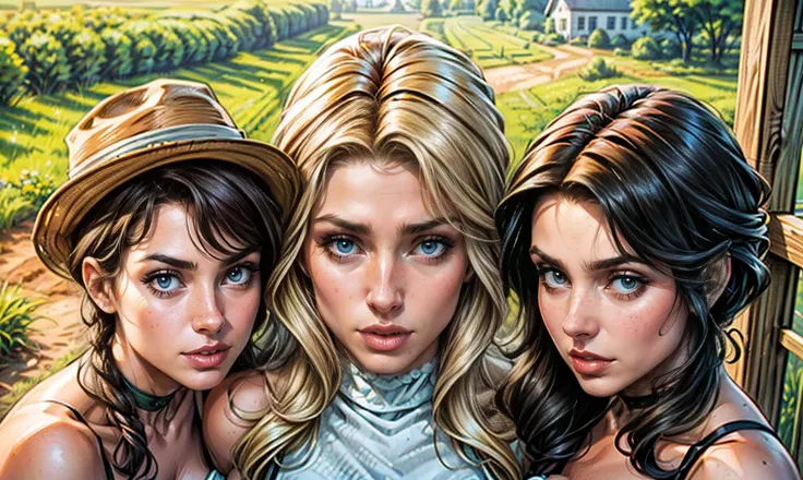 a close-up of 3 sexy unique Caucasian farming sisters (1 sultry temptress, 1 shy sweetheart, 1 stern tomboy) and their handsome father. all are dressed for the farm and standing on the porch of a beautiful white heritage farmhouse in the mid-west on a sunn...