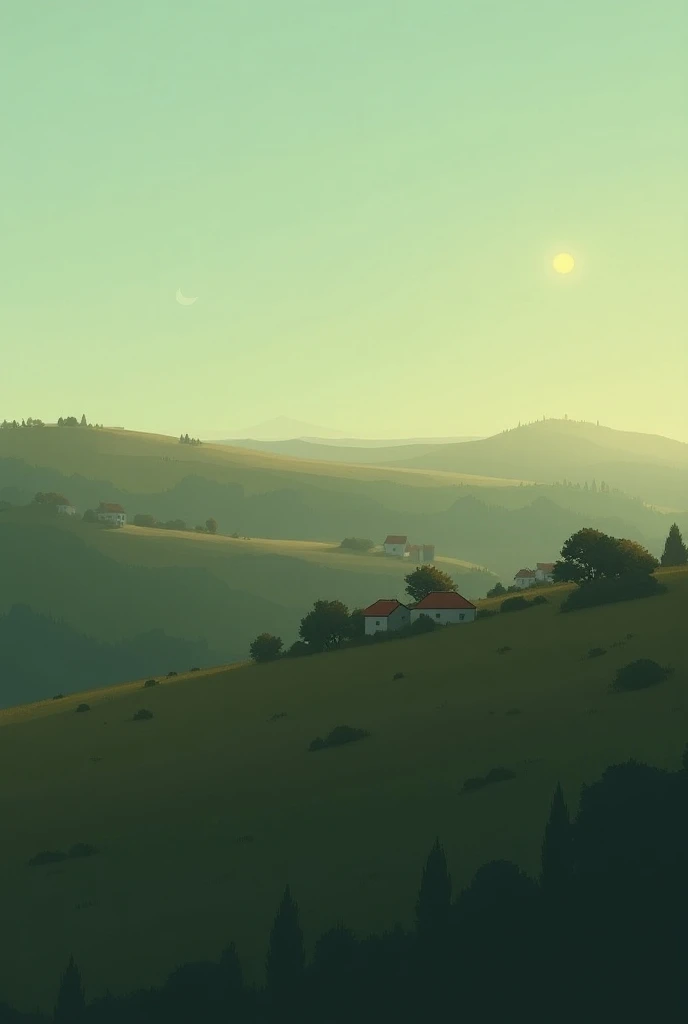 "A rural hillside scene at dusk with a faint crescent moon visible in a clear sky. Sparse trees and bushes populate the landscape, with a few small, simple buildings and houses partially visible in the background. The ground has earthy tones, and the light...