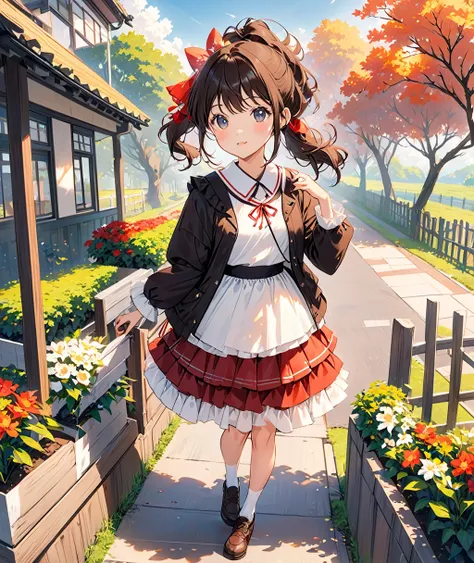 白いシャツとbrownのスカートを着た女性が窓の横に立っている,  multi-layered outfits , Cute Casual Streetwear, Style Anime,  Casual wear style ,  Layered Skirt ,  woman wearing jacket and skirt , Ruffled Costume,  full body cute young woman ,   wearing skirts and high socks  , Interes...