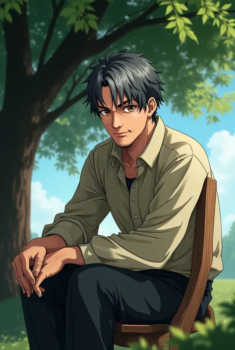 A Accurate Male Old Age Anime Character With Mixed Black And White colour hair and with brown colour eyes and sitting on a chair under a tree 