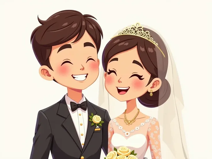 High quality,happy portrait of a man and a woman married.,Wedding uniform,panorama,cute,cartoon,blank background,