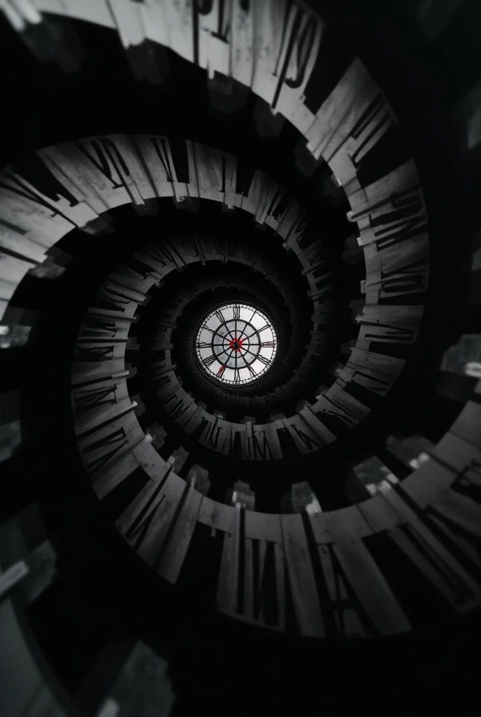 A round spiral seen from top with roman numbers like on a clock which are written on the spiral  and the spiral is going from close to far with a black and white lighting, and at the furthest point of the spiral theres a clock that has color
