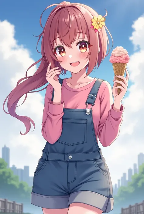 masterpiece, best quality , 1 ,Alone,Haru Urara,overalls,overall shorts,flower shaped pupils,change,pink shirt,Holding ice cream,( ponytail:0.6),smile,open mouth,cloudy, 