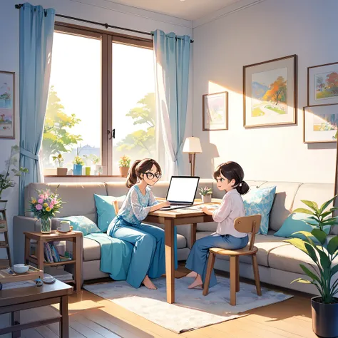 The living room table is bright 、A beautiful young mother who works from home is using a laptop 。The mother wears a glamorous blouse and long pants、Wearing fashionable glasses 。 that expression is a soft relaxed smile 。 behind a mother working on a compute...