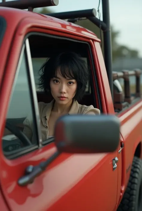 ((Best Quality)), ((masterpiece)), (   Details),  , Beautiful Japanese woman driving a red pickup truck with block tires　Disheveled black hair short hair 