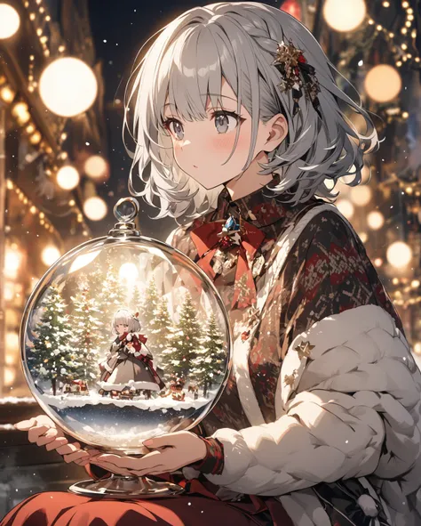  one gray-haired girl looking at the snow globe、 medium hair、 accessories with gray hair