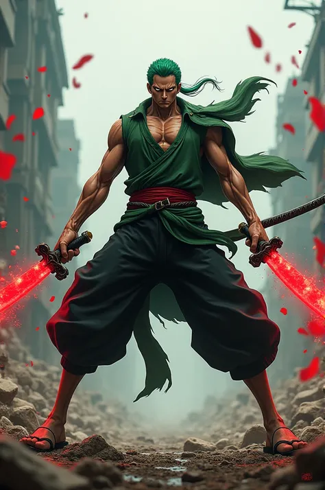 Zoro
Leaning with his katana throwing red particles against a destroyed field background