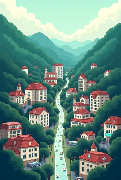 Make a melancholic cartoon drawing with elements of medicine and nursing and the city of Teresópolis and without people