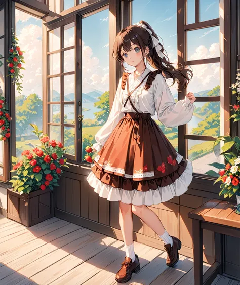 A woman in a white shirt and brown skirt is standing beside a window, Nōami drinking strawberry ice latte  ,  instagram, Renaissance,  multi-layered outfits , Cute Casual Streetwear, Style Anime, Casual wear style ,  Layered Skirt ,  woman wearing jacket a...