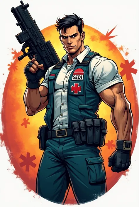 Create a vibrant and dynamic comic-style badge featuring a strong, muscular man in a practical medic outfit. The man is holding a large, futuristic service gun with one hand while standing confidently. The character has short, dark hair and a determined ex...