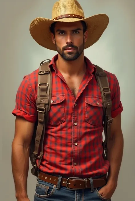 an image of a man in a straw hat, red plaid t-shirt ,  clear eyes,  light skin and striped jeans 