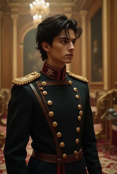 An imaginary scene, a young man with dark hair wearing a royal war jacket with gold stars, sharp looks, inside a palace, a wide lens