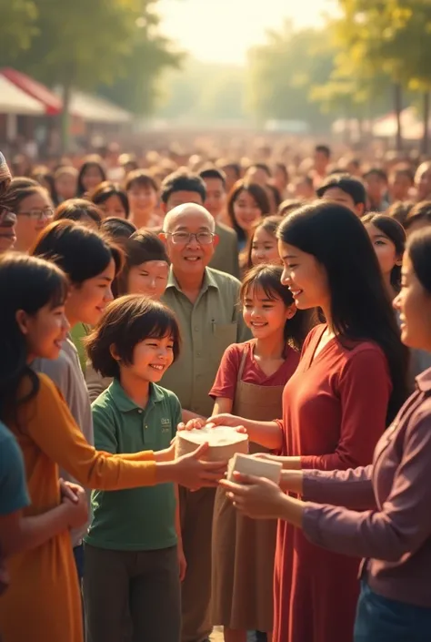 A community gathering scene with people, from young to old, coming together and donating for poor  girls education, with supportive smiles and warm expressions