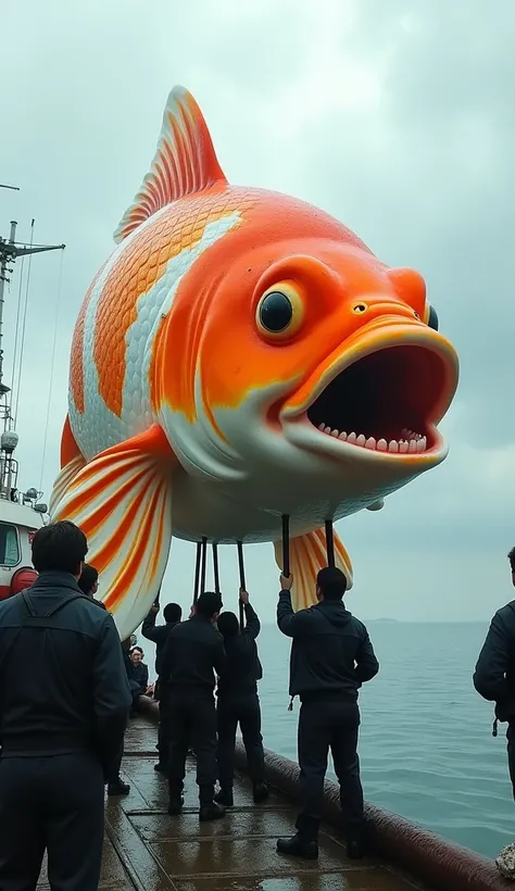 "An enormous orange and white koi fish being hoisted on a fishing boat by several people wearing dark protective gear. The fish has vibrant orange scales with a large white patch on its side, large expressive eyes, and a wide-open mouth, giving it a cartoo...