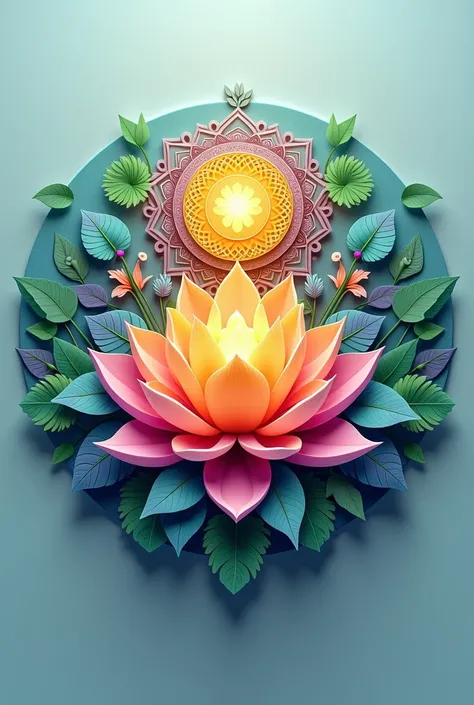 Create a 3D circular logo that evokes peace, balance, and the connection between mind, body, and spirit. Exclude any specific text or name, focusing instead on visual elements. Incorporate vibrant 3D symbols like a lotus flower, mandala, or delicate leaf p...