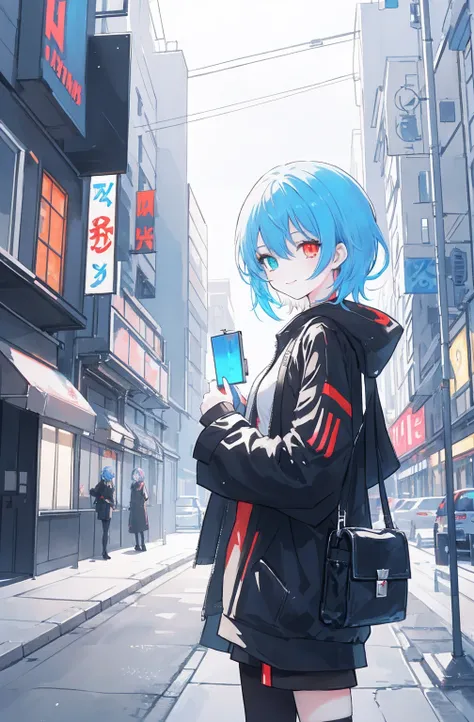 1girl, anime_coloring, yellow+red_eyes, blue_hair,multicolored eyes+heterochromia, _short_hair, smile, solo, style_parody wearing_cyberpunk_clothes,city scenery with (robots around)0.4],giving dramatic scenery.