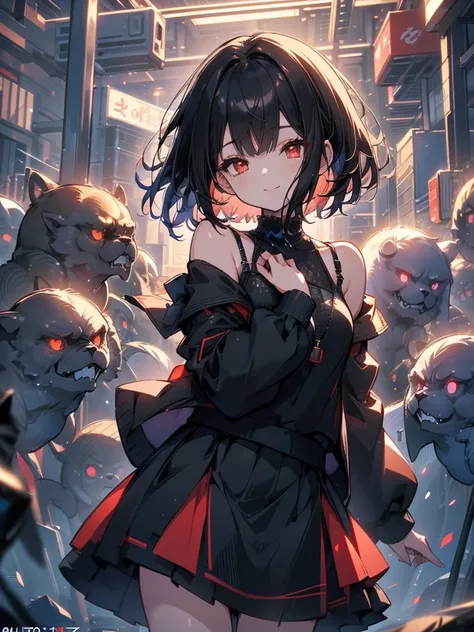 masterpiece, highest quality, highest quality, (no text), Beautiful and aesthetic:1.2),no text,anime、break,anime、break、 one girl、 Dark Haired Girl Short Hair 　 Slit Eyes Boyish 　adult　 beautiful eyes　red eyes, cool smile　Shoulder　skirt　 Black jacket, whole...