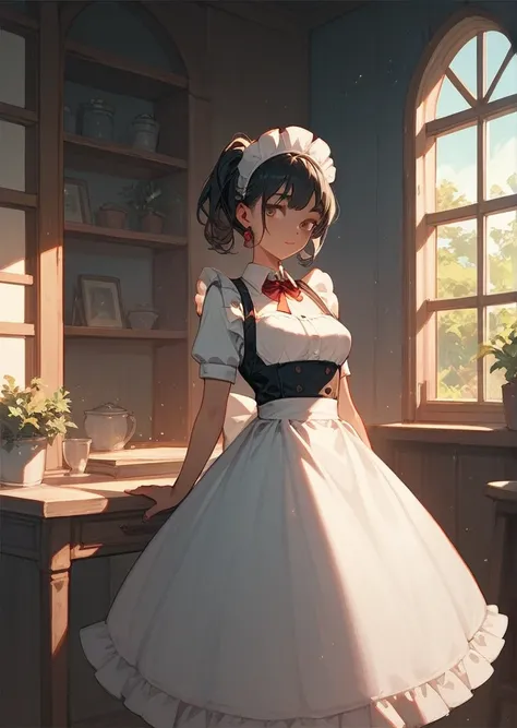 Anime girl sexy body wear maid background house dark